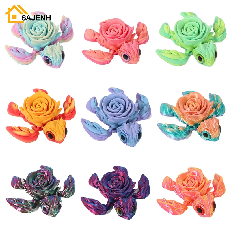 Rose Turtle 3D Printed Articulating Turtle Fidget Toy Joint Movable Model Stress Relief Sea Turtle Figurine Landscape Decoration