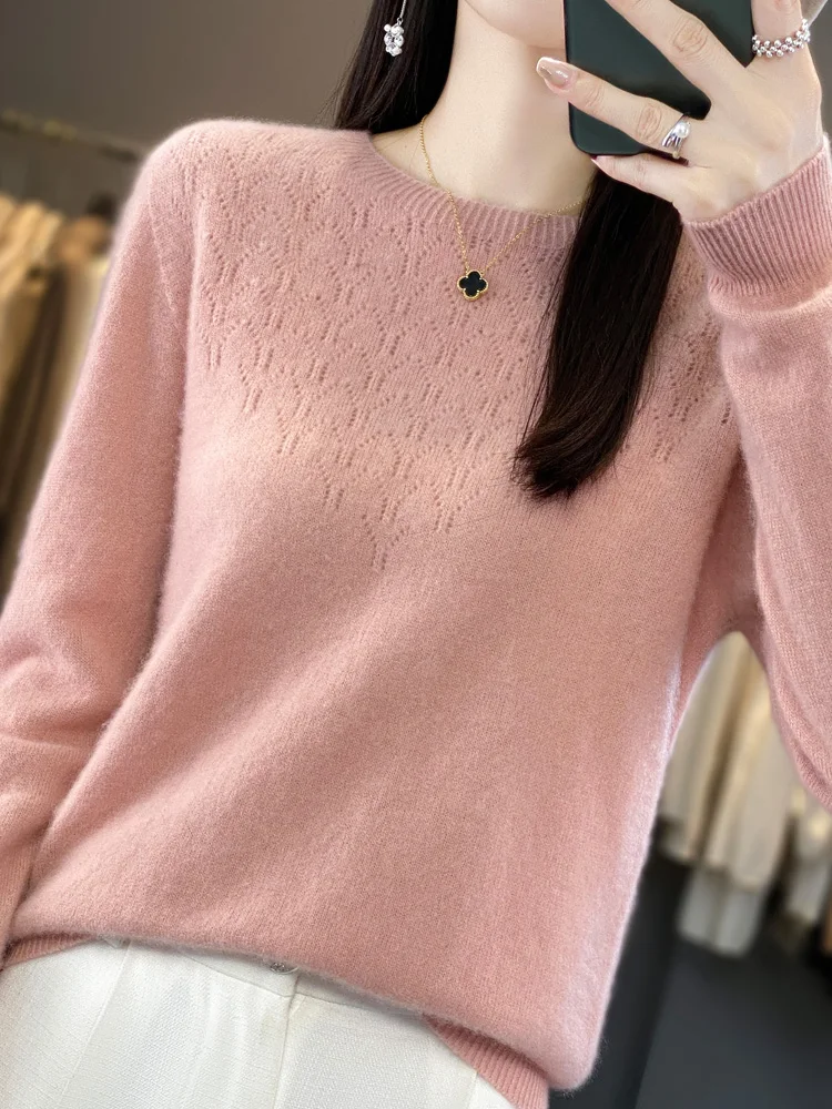 Women\'s 100% Australian Wool Sweater,O-Neck Pullover,Hollow Long Sleeved Knitted Top,Fashion Cardigan,New Style, Autumn Winter