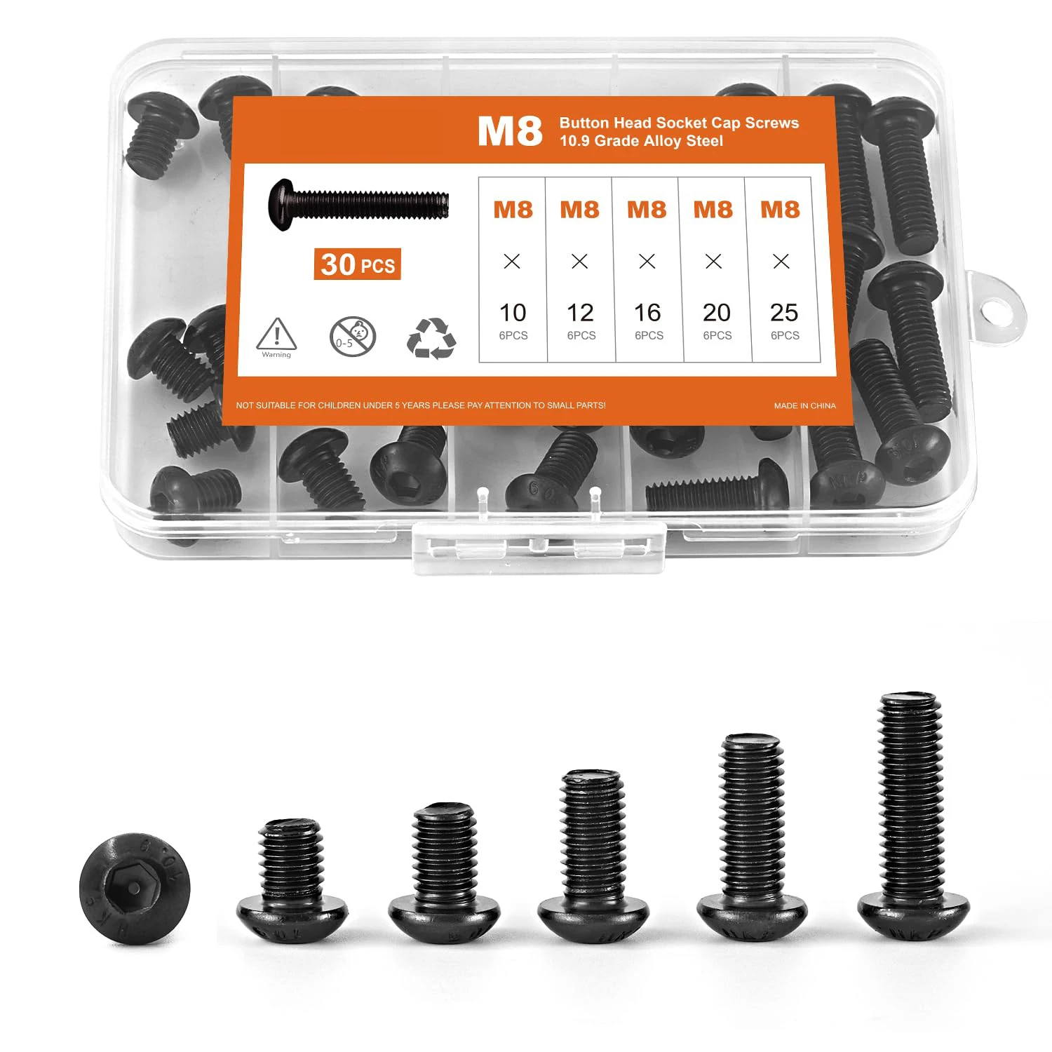 

30 pieces of M8×10, 12, 16, 20, 25 mm round head countersunk screws, made of 10.9 grade alloy steel, with full thread