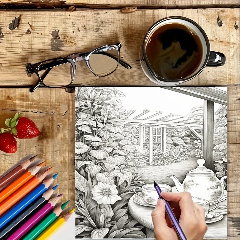 Tea In The Gardens Coloring Book for Adults, Beautiful Colouring Drawing Pages, Birthday Gift & Back to School Art Supplies view 4