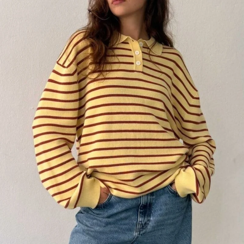 

y2k Vintage Rib Knitted Striped Collared Sweater Loose Long Sleeve Pullover Knit Tops Casual Winter Autumn 2025 Sweatirt Clothes