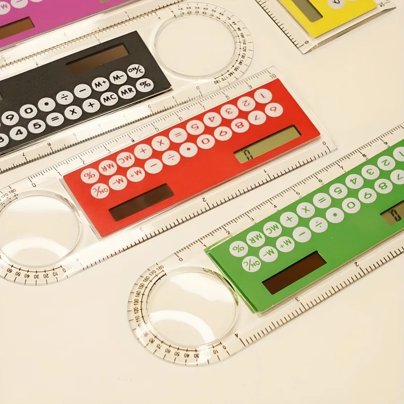 مسطرة صغيرة رفيعة للغاية مع آلة حاسبة بالطاقة الشمسية عدسة مكبرة آلة حاسبة متعددة الوظائف 10 سم مستلزمات مكتبية مدرسية #1