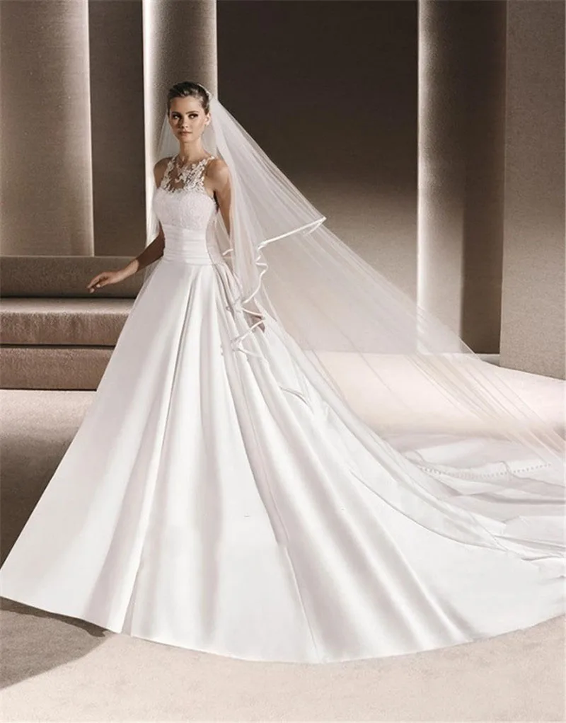 Voile de mariée Long en Satin pour femmes, 2 couches, 3 mètres, bord blanc ivoire, accessoires de mariage en Tulle