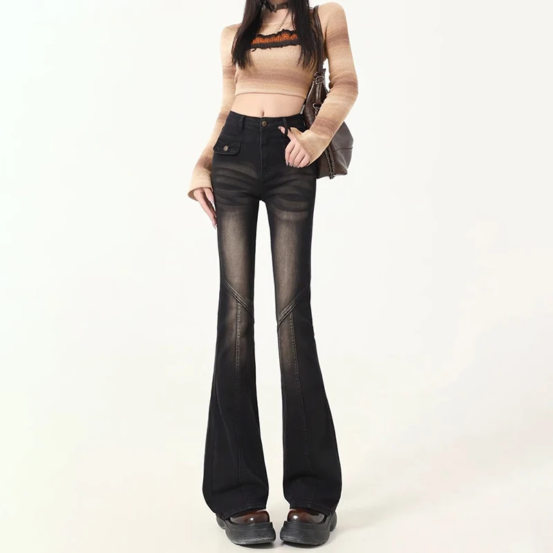 Black High-Waisted Bootcut Jeans, Women's Spring Autumn New Design, Elastic Slim and Slim, Versatile Mop Horseshoe Pants