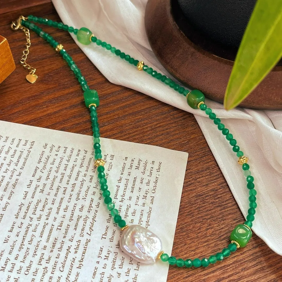 Healing Green Chrysoprase & Baroque Pearl Choker, Natural Gemstone for Heart Balance & Renewal, Stackable Daily Wear