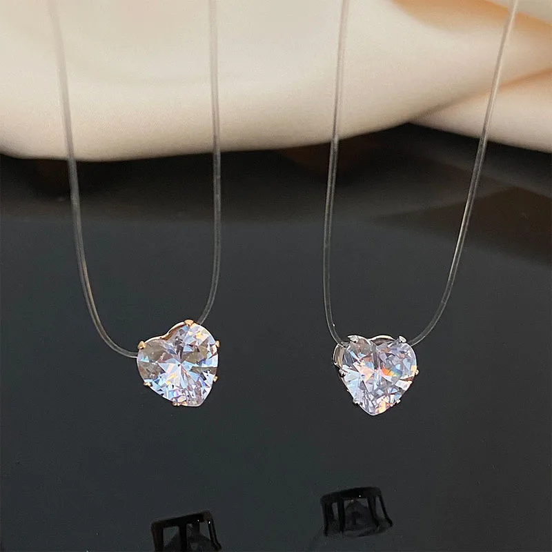 VIVILADY Transparent Invisible Fish Line Zircon Heart Pendant Necklace for Women Fashion Jewelry Wearable for Gathering Party