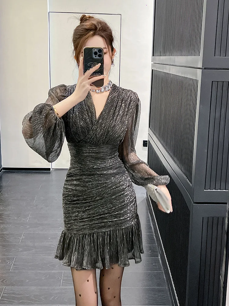 

Women's Dress 2024 New French Style Solid Long Sleeve Puff Sleeve Zipper High Waist Mesh Folds V-Neck Black Dresses