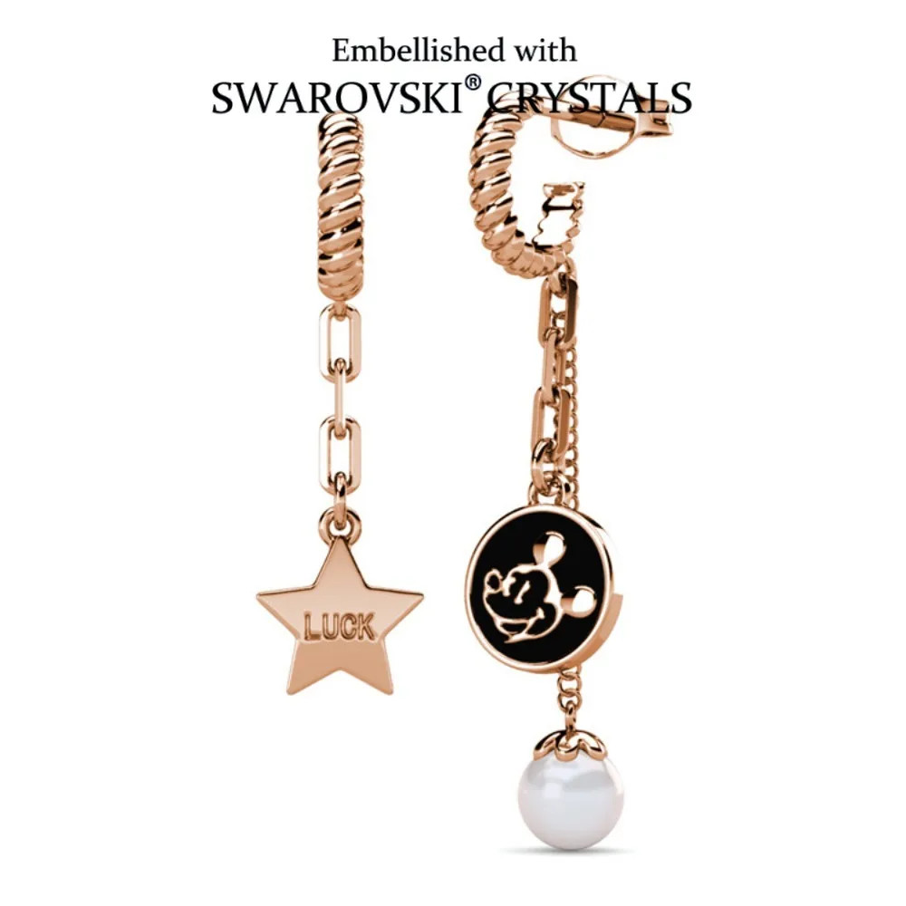 Daisini Women's Mickey Mouse Asymmetric Drop Earrings with Swarovski Crystals Star "LUCK" & Pearl Pendant Design Fashion Jewelry