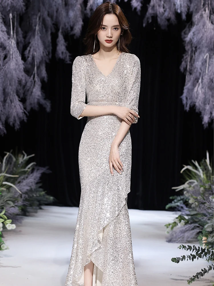 

Серебряное вечернее платье для женщин 2024 года, новое, элитное, на заказ, бальное, с юбкой-русалкой, простое и элегантное