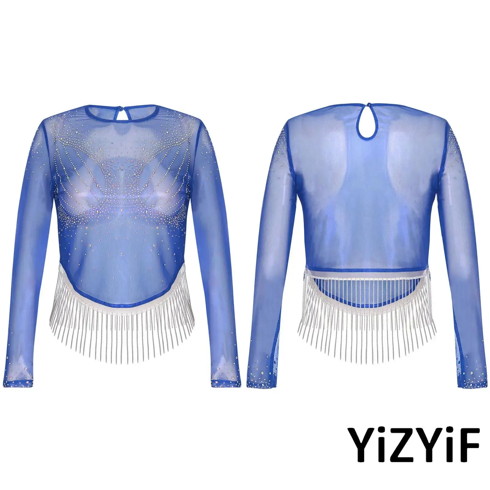 

Sexy Womens Crew Neck Long Sleeve Tassel Cover Up Shirt Sheer Mesh Clubwear Sparkly Rhinestone Crop Top Blouse for Raves Party