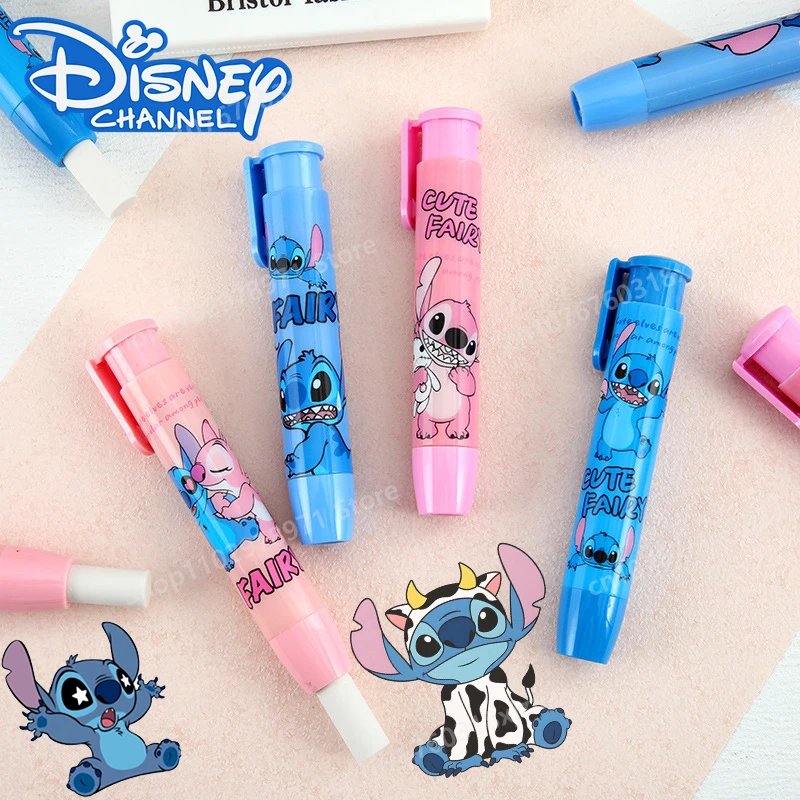 2024 Disney Stitch Eraser Cartoon Kawaii Pen-shaped Press Chip Eraser Children Stationery School Supplies Student Creative Gifts