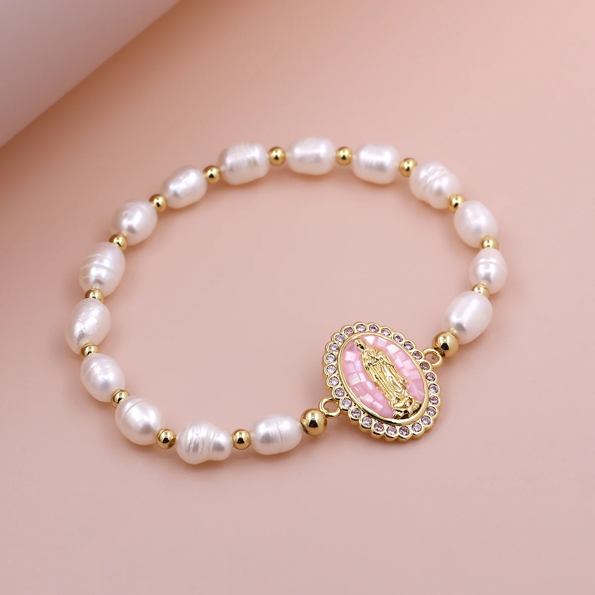 2024 Newest Shell Pearl Bead adjustable Zirconia Paved Virgin Mary Religious Cz white Elastic line Bracelet For Women