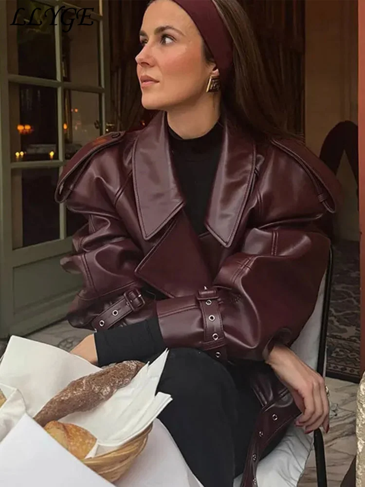 Elegant Women\'s Short Leather Jackets With Belt Loose Lapel Long Sleeved Patchwork Coat 2024 Autumn Lady Street Urban Outwears 