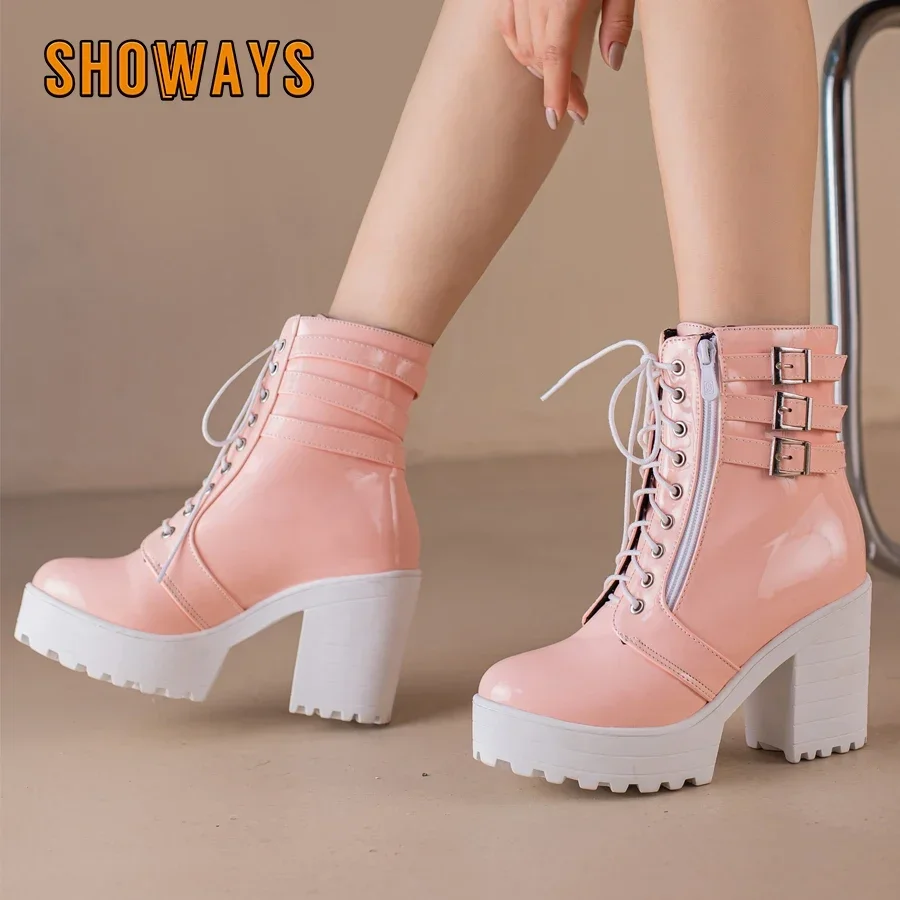Winter Women Platform Ankle Boots Pink Red Patent Leather Dress Party Lady Britsh High Heel Buckle Motorcycle Zipper Short Boots
