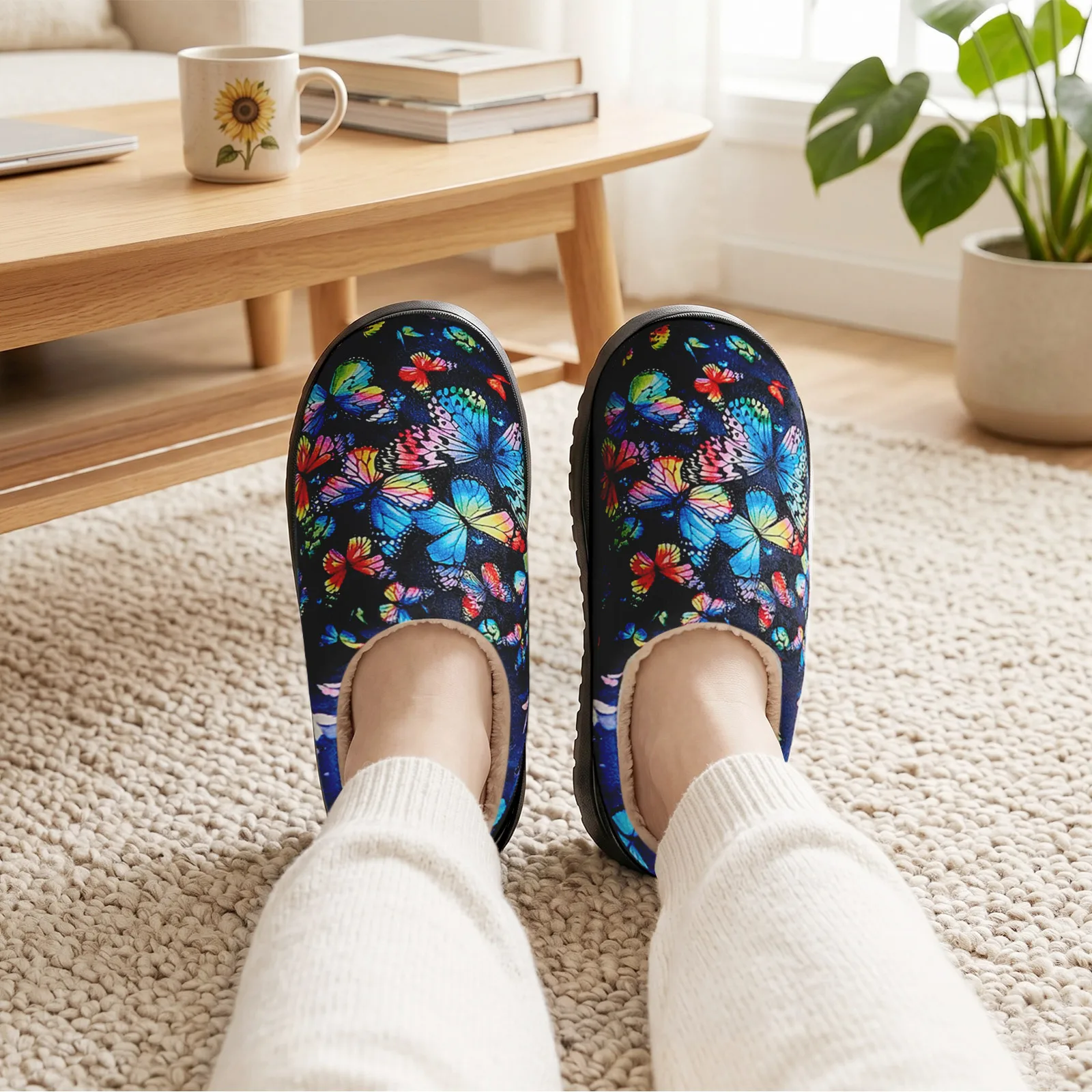 Women's Fuzzy House Slippers Memory Foam Colorful Butterfly Print Warm Cozy Indoor Outdoor Slip On Non Slip Bedroom Shoes for Wo