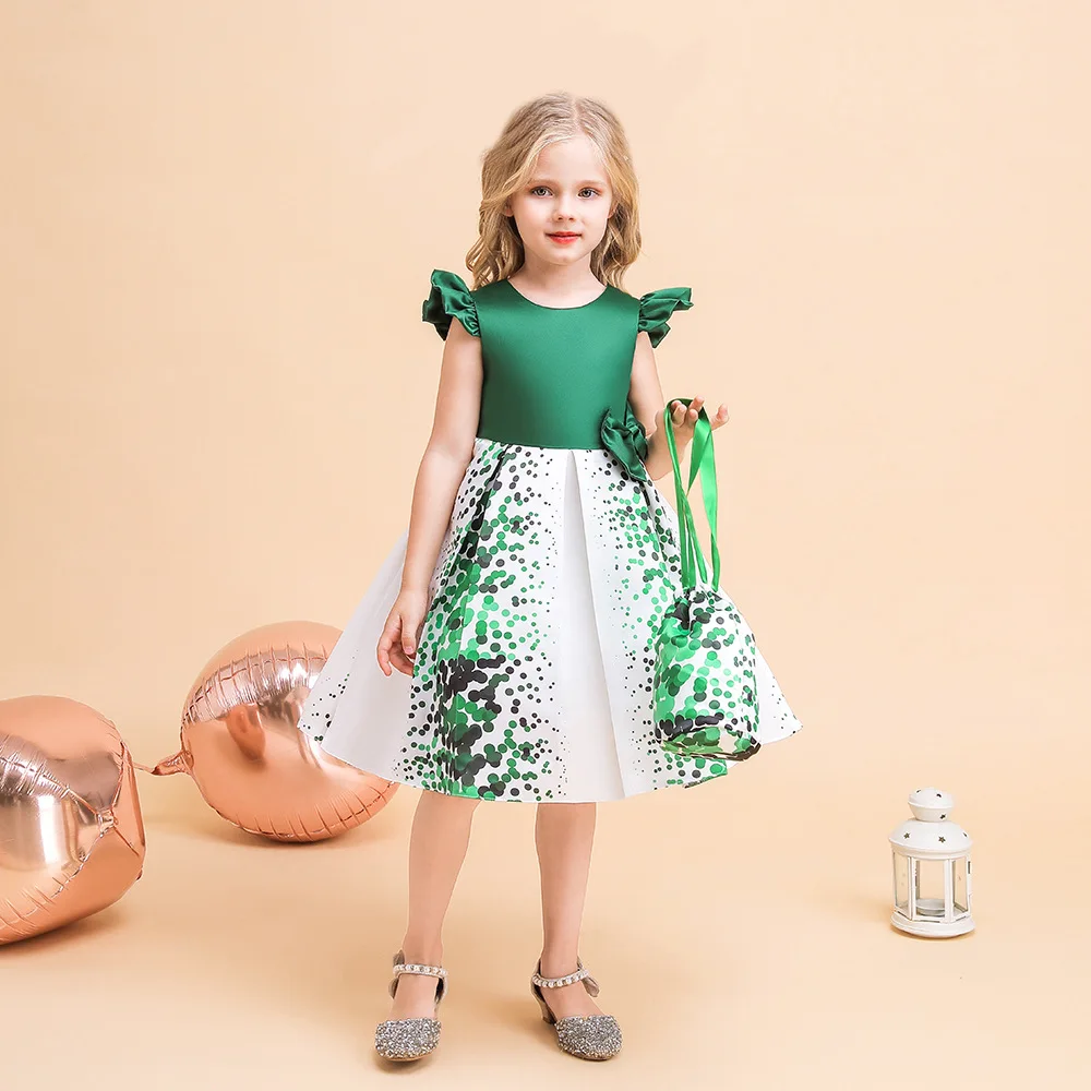 2023 Christmas Winter Dress Girls Party Clothing Green Red Fashionable New Year Holiday Clothes With Bag For Children Kids 3-8Y