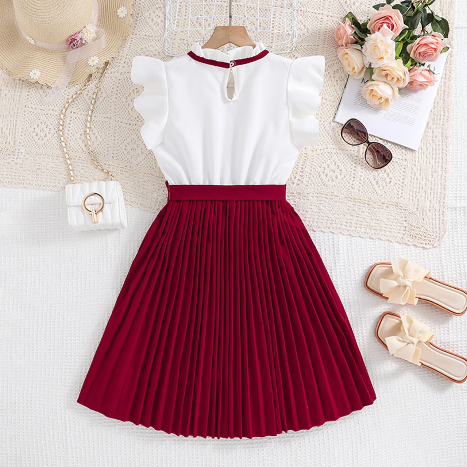 Casual Summer Dress for Kids Girls 7 to 12 Years Children Clothes Pleated Dress Sleeveless High Waist Princess Dress with Belted