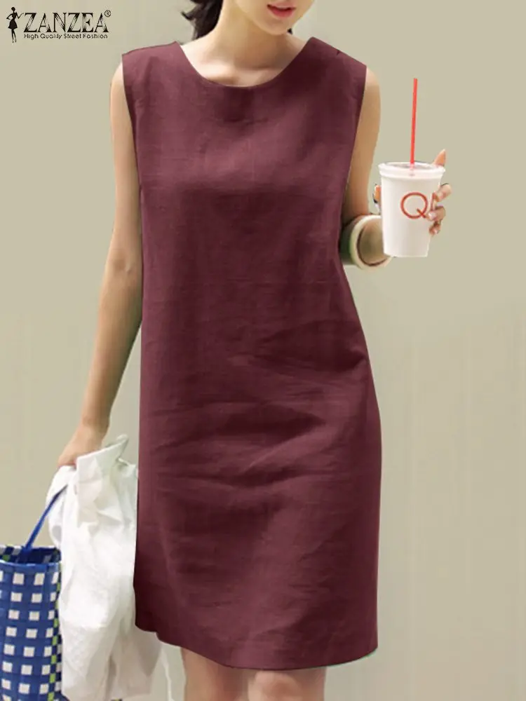 2024 Summer Dress ZANZEA Fashion Sleeveless Beach Vestidos Office Work Sundress Women Elegant Solid Color Dresses Robe Femme