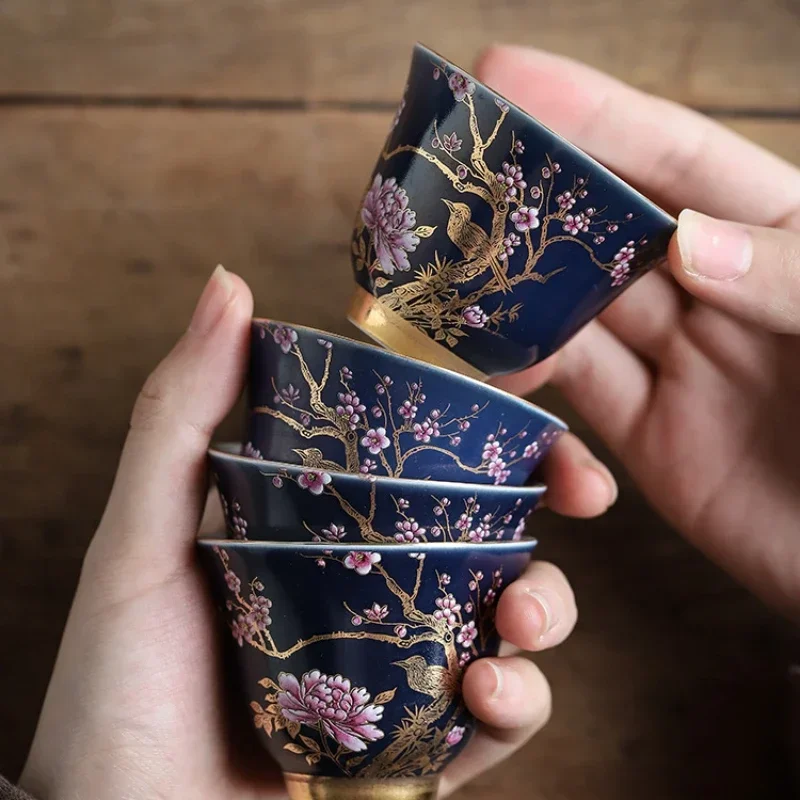 Ensemble de tasses à thé en céramique, tasse principale peinte en or bleu, accessoires de Table à thé, service à thé Kung Fu, tasses à thé créatives peintes à la main