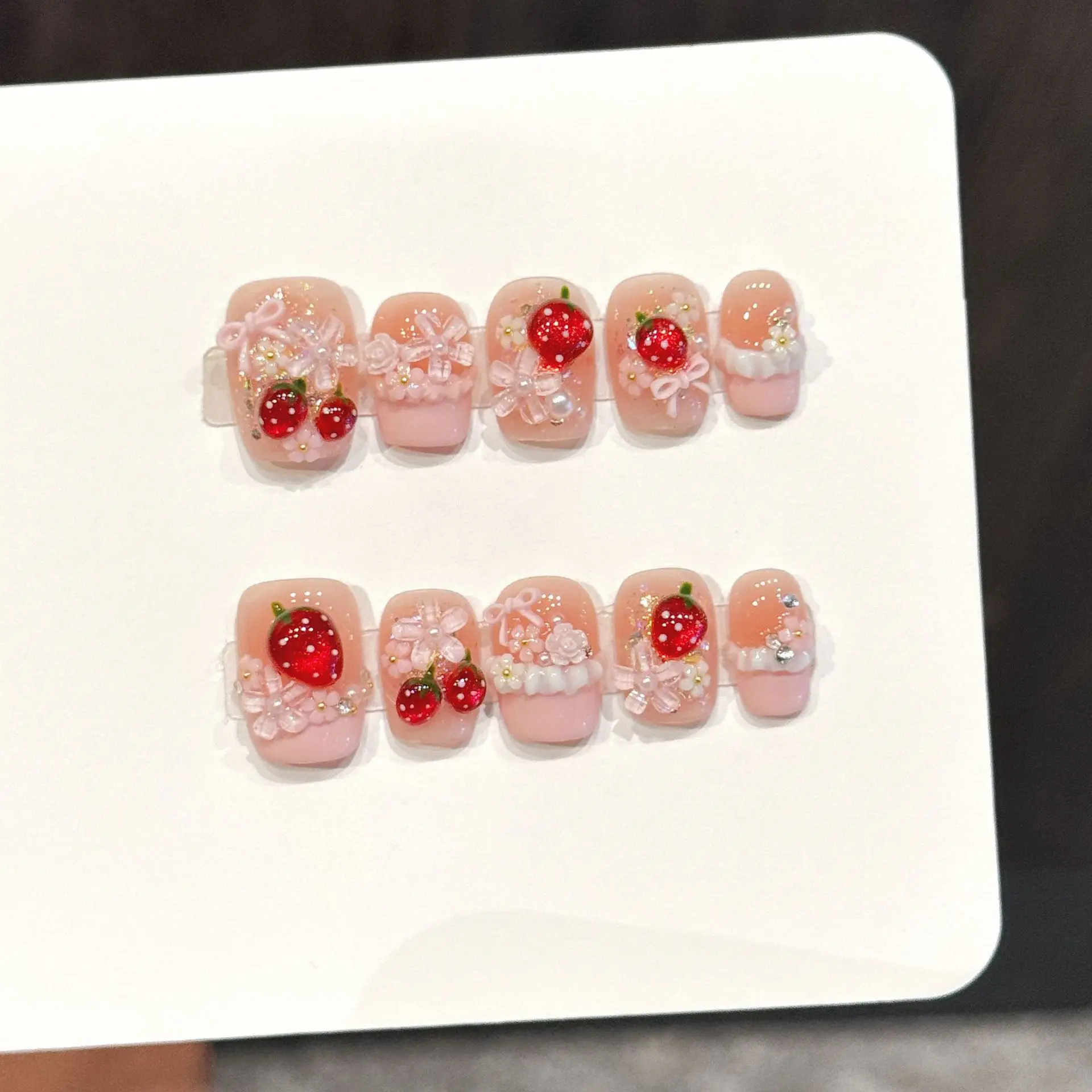 10pcs Cute Red Strawberry Press On Nails Pink Bowknots Flower Pearl Decor French Handmade Fake Nail Sweet Girl Square False Nail