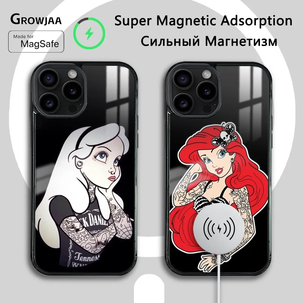 Disney Princess Tattoo Phone Case For iPhone 16 15 14 13 12 11 Pro Max Plus Mini Magsafe Mirror Wireless Magnetic Cover