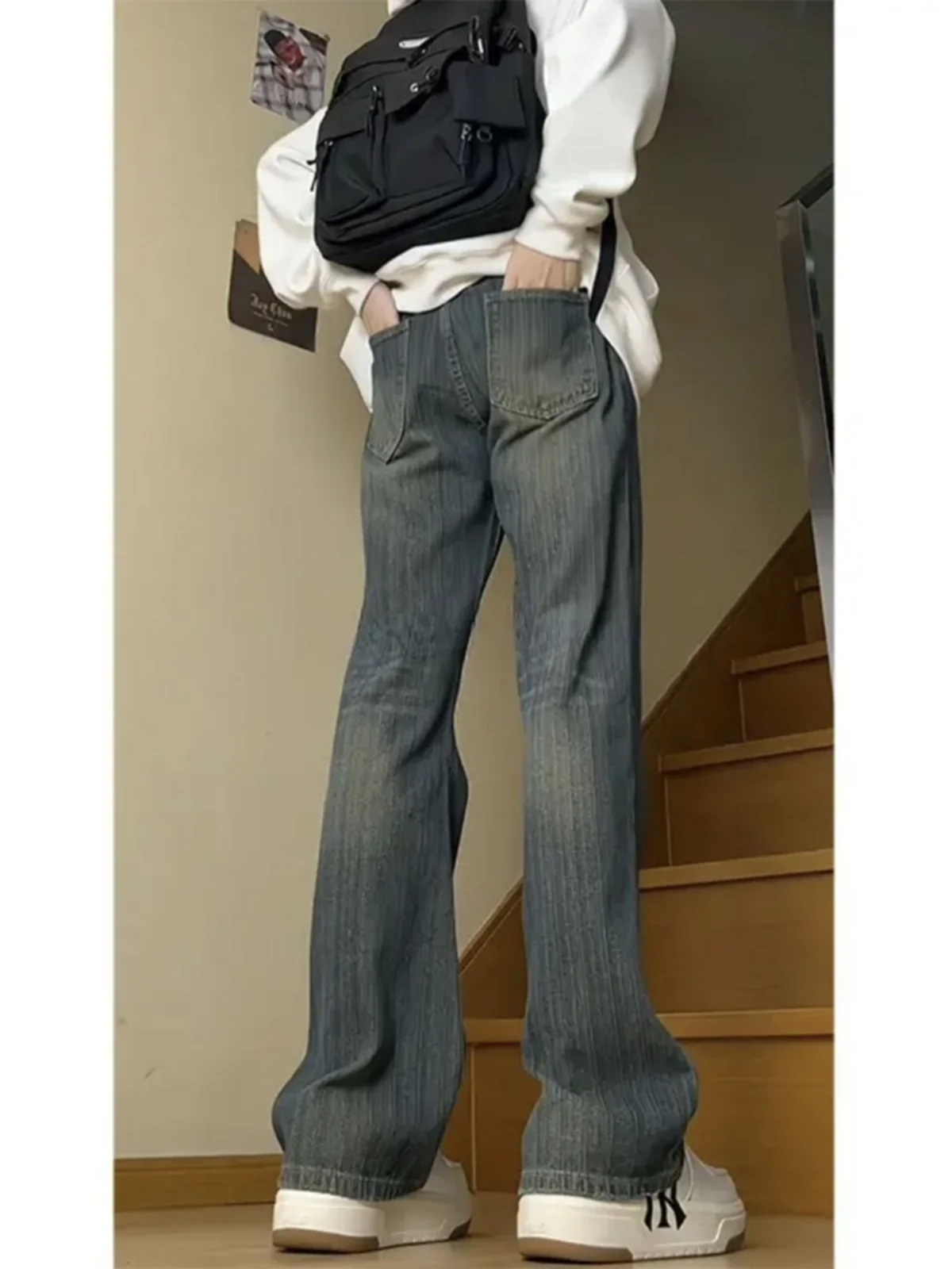 

Retro Blue Bamboo Knot Pattern Men's Jeans Summer Lazy Loose Feelings American High Street Vibe Knife Flared Pants