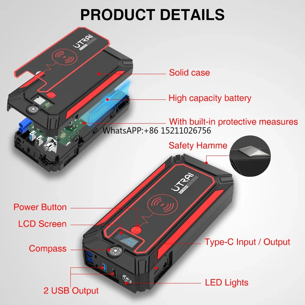 Carro Jump Starter com Carga Sem Fio, Banco De Potência, Ferramentas De Emergência Do Veículo, Bateria Booster, Começando Dispositivo, OEM, 12V, 2500A