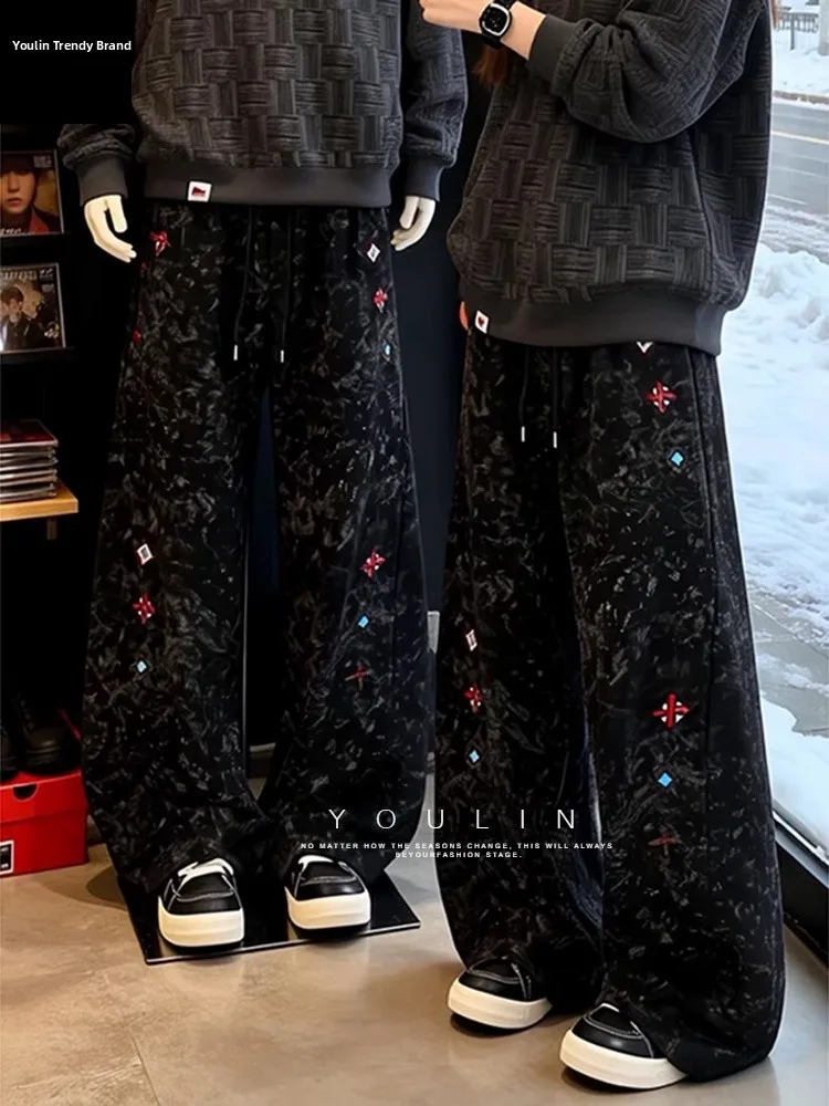 Thiened Fce Men's Sweatpants Bla Embroidered Dyed Pants Winter Spor Casual Trousers Youth Low Waist Straight Leg Pants