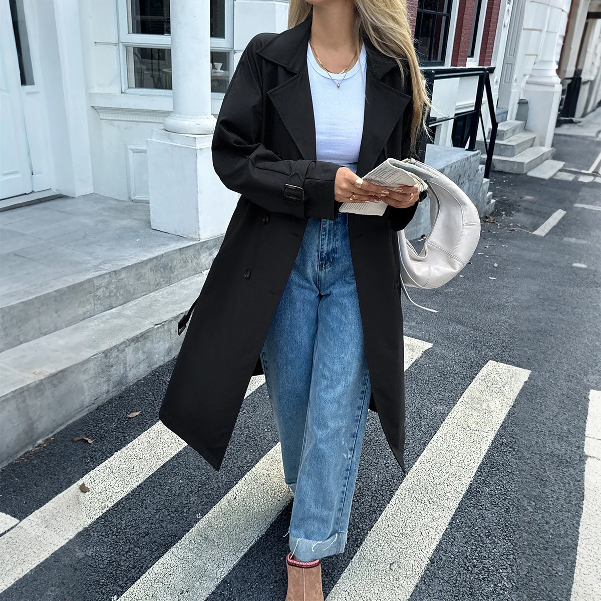 Cross-Border Women's Long Sve Windbreaker Coat Medium Length Vaion Outerwear Fem Independent Station Autumn Winter