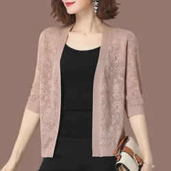 New Summer Ladies Knitting Cardigan Jacket Women Short Thin Female Shawl Noble Ice Silk Knitting Shirt Sun Protection Clothing