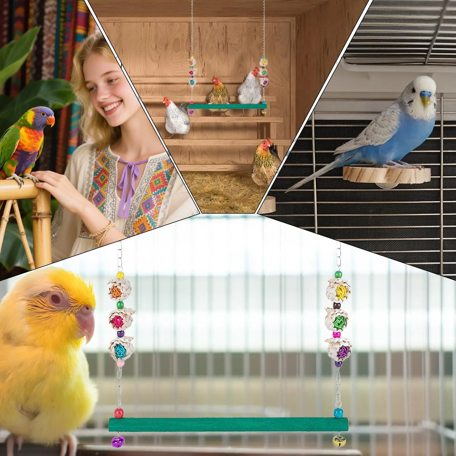 

Куриные качели с колокольчиком Куриные игрушки с 2 шариками из ротанга Деревянные качели Игрушка-попугай для збагащенных игр Восстанавливающих домашних животных Курица для птицы