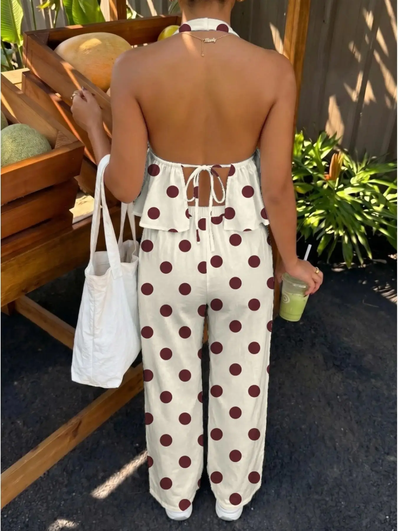 Vintage Large Dot Halter Top with Frill & Drawstring Wide Leg Pants Set Y2K Boho Style Open Back Peplum Ruffle Hem Elastic High