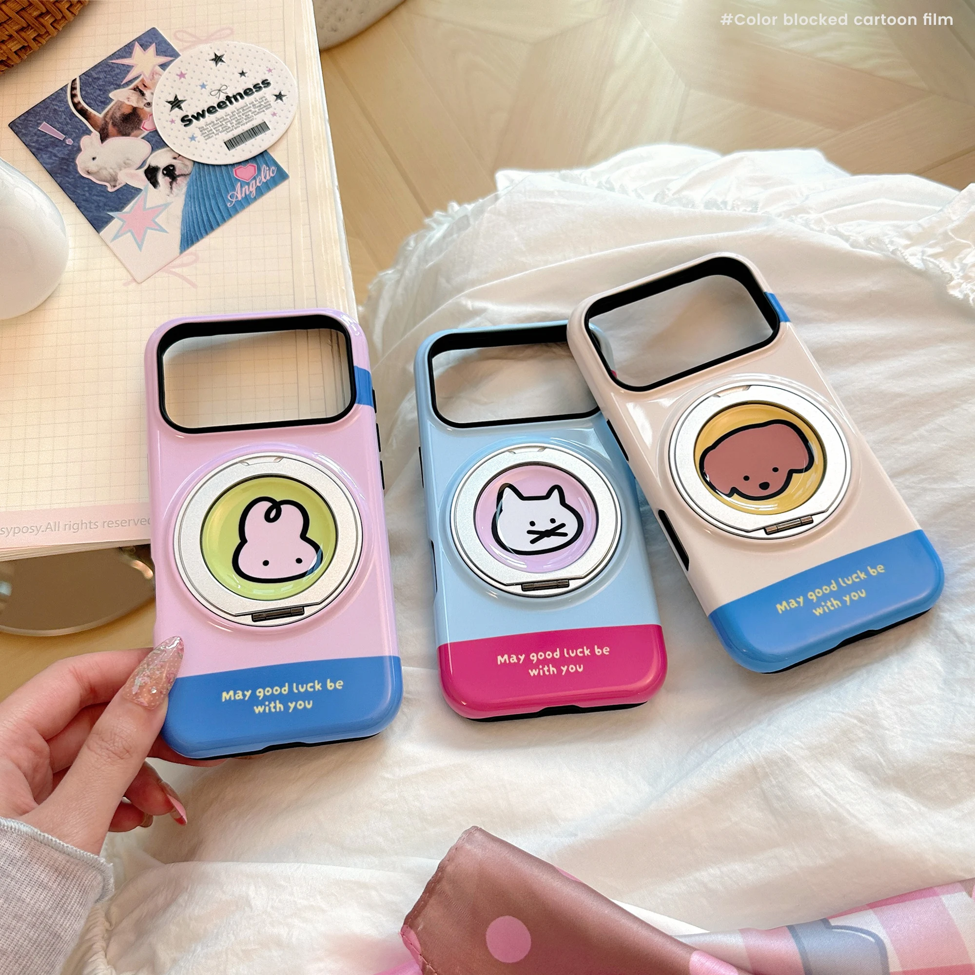 2 in 1 Letters Pattern White Purple Blue Glossy Cover Case For iPhone 17 16 15 14 13 Pro Max with 360° Rotation Animals Holder view 3