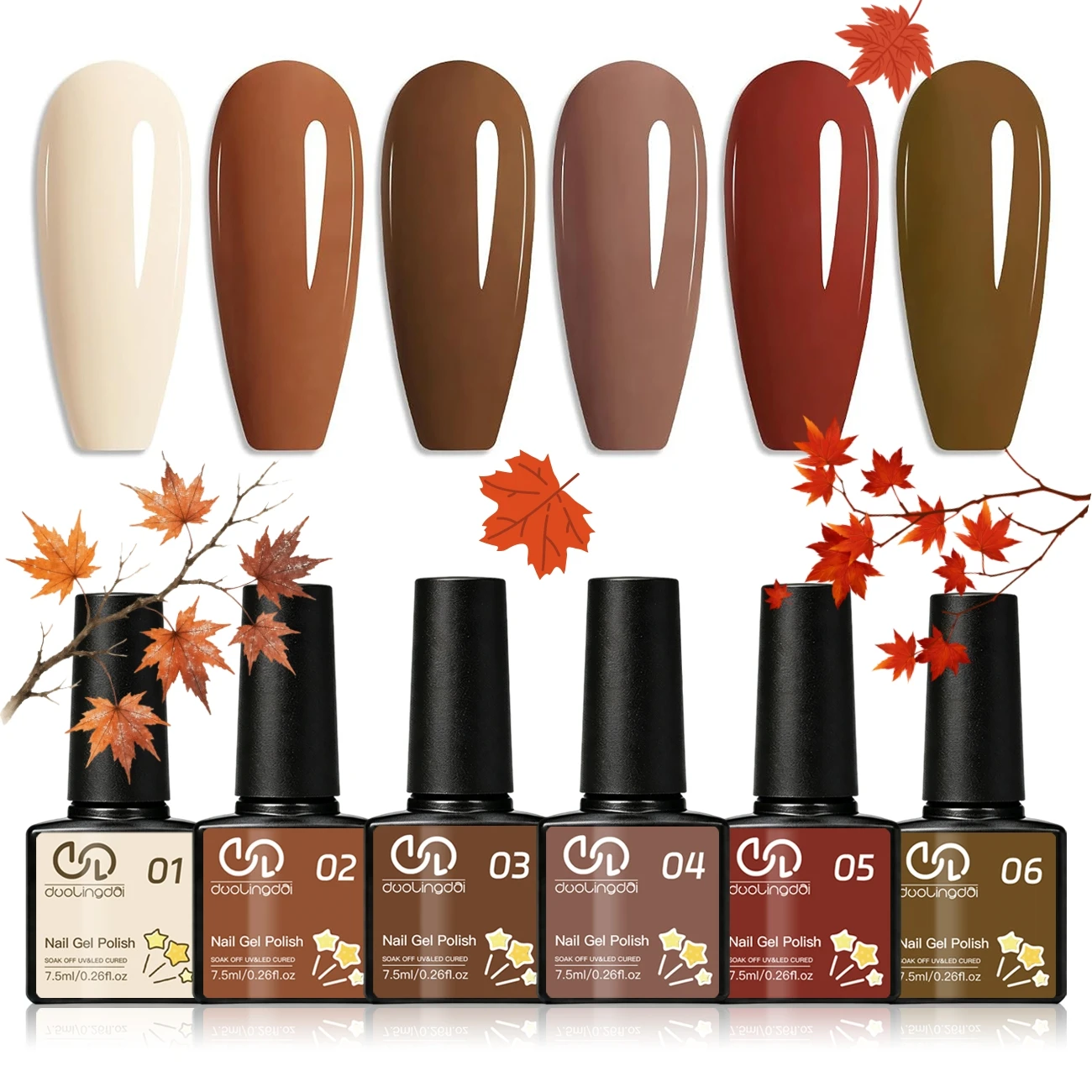6Pcs Autumn Earthy Brown Gel Nail Polish Set, Warm Caramel Brick Red UV LED Soak‑Off Gel Kit for Thanksgiving Halloween Xmas DIY