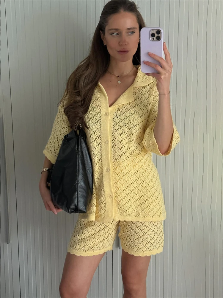 Tossy Knit Printed 2 Piece-Set Shorts Women's Cover up Beach Holiday Loose See-Through Clothes Summer Knitwear Female Outfits