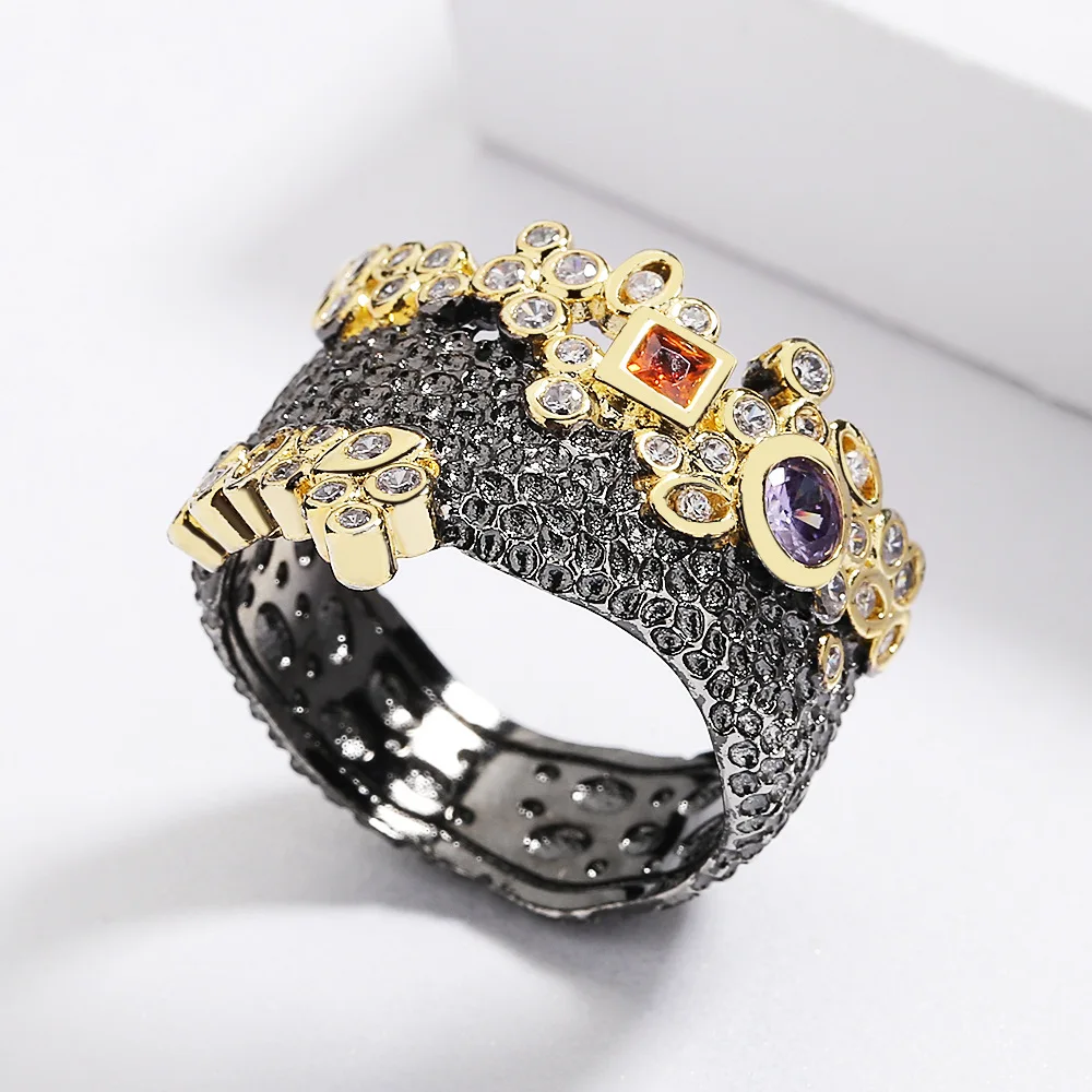 Anillos de circón multicolores bohemios de alta calidad para mujer, joyería de compromiso de color negro y dorado con personalidad, regalos de fiesta