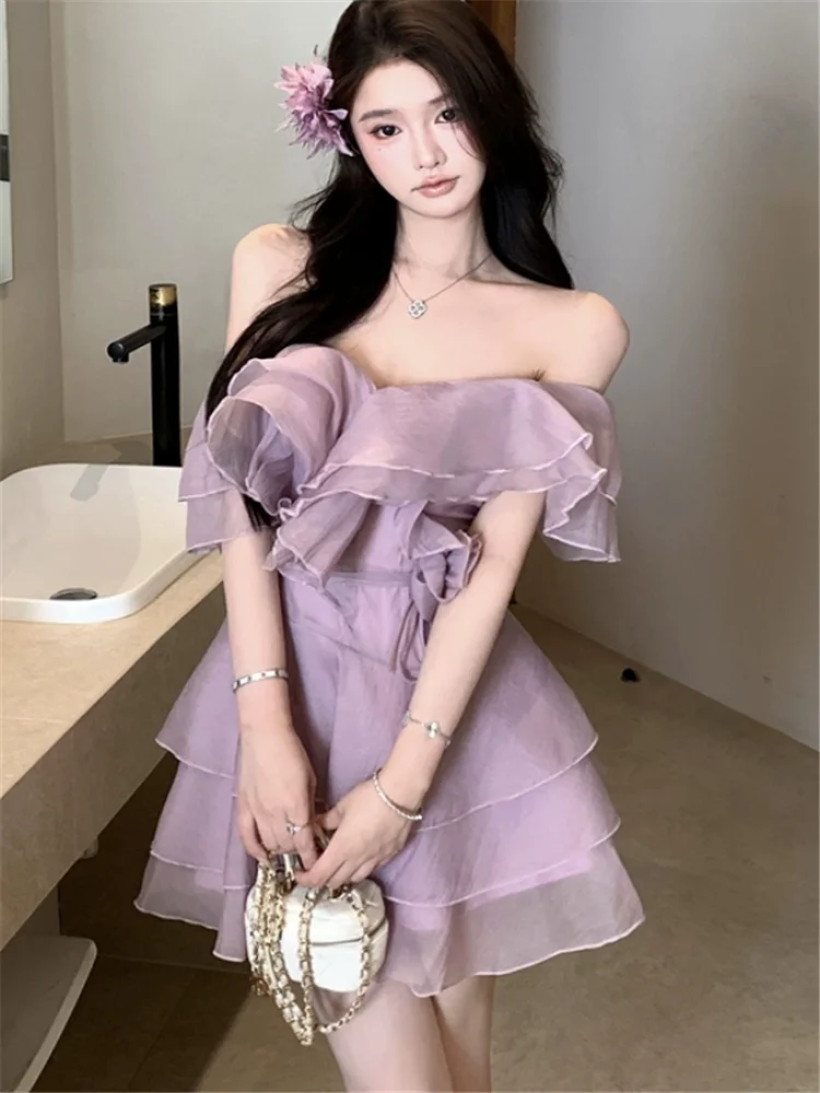 Vestido de fiesta sin tirantes con volantes morados elegante de verano para mujer, minivestido Sexy de verano con hombros descubiertos y cuello oblicuo