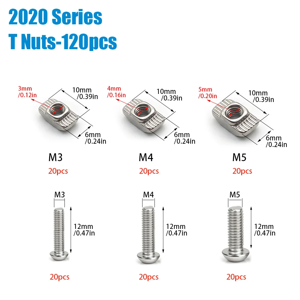 120 Pieces of 2020 European Standard Aluminum Profile T-Slot Bolts and Nuts, Sizes M3/M4/M5