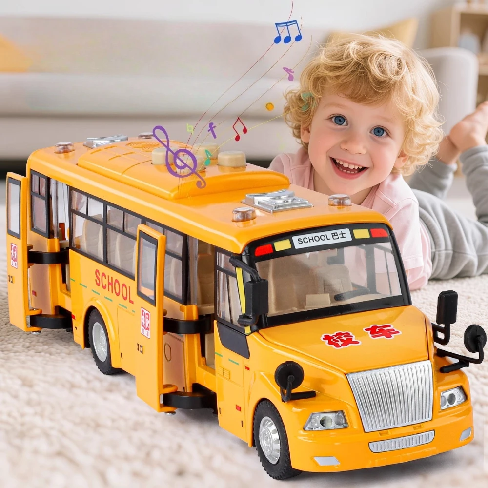 

1:24 Alloy School Bus Diecast Model Toys Miniature Car Doors Opened Sound Light Pull Back Vehices Puzzle Early Education Toy Car