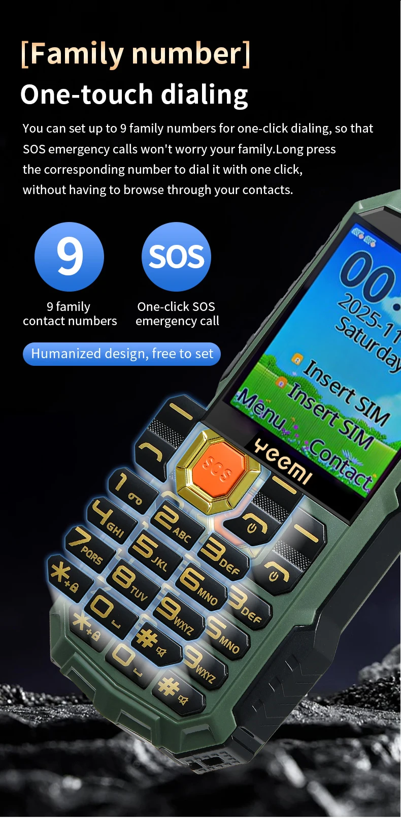 YEEMI Q5 4G Button Phone 2.4inches Dual SIM Card HD Call Camera FM LED Flashlight LTE Type-C Triple-proof Outdoor Mobile Phone