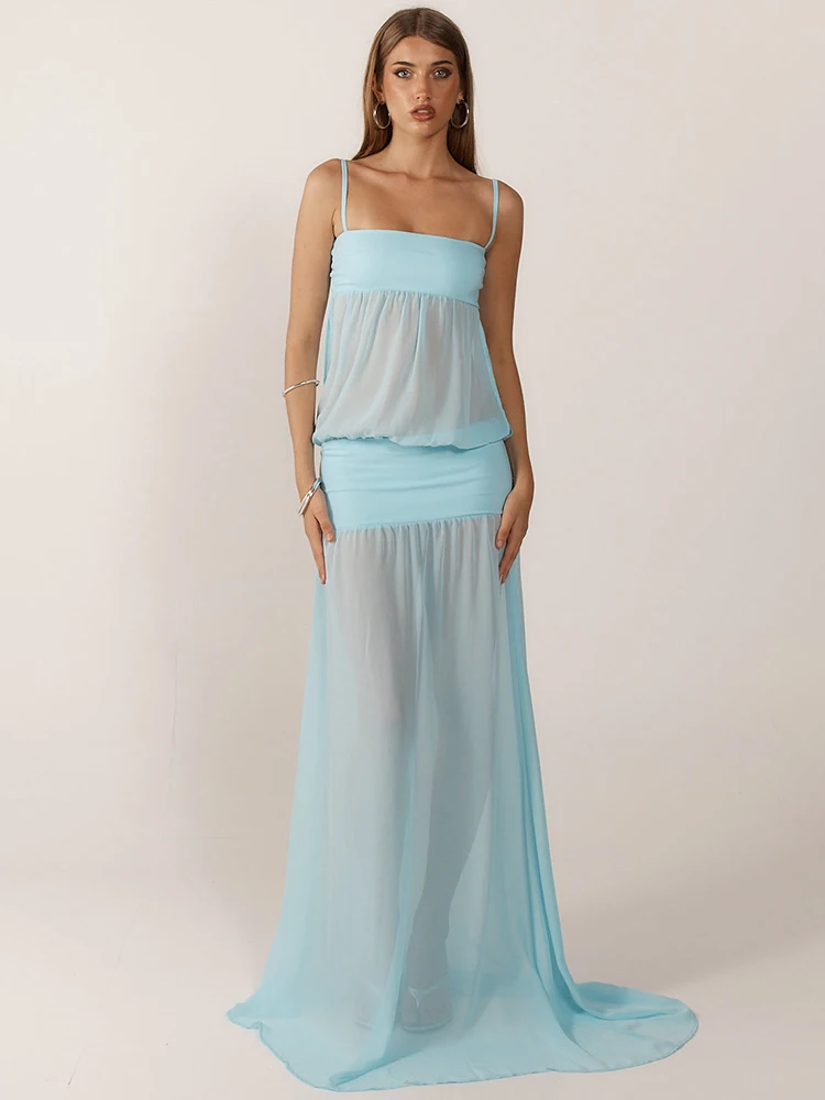 

Mozision Chiffon See Through Sexy Maxi Dress Women Gown Fashion Spaghetti Strap Sleeveless Backless Draped Club Party Long Dress