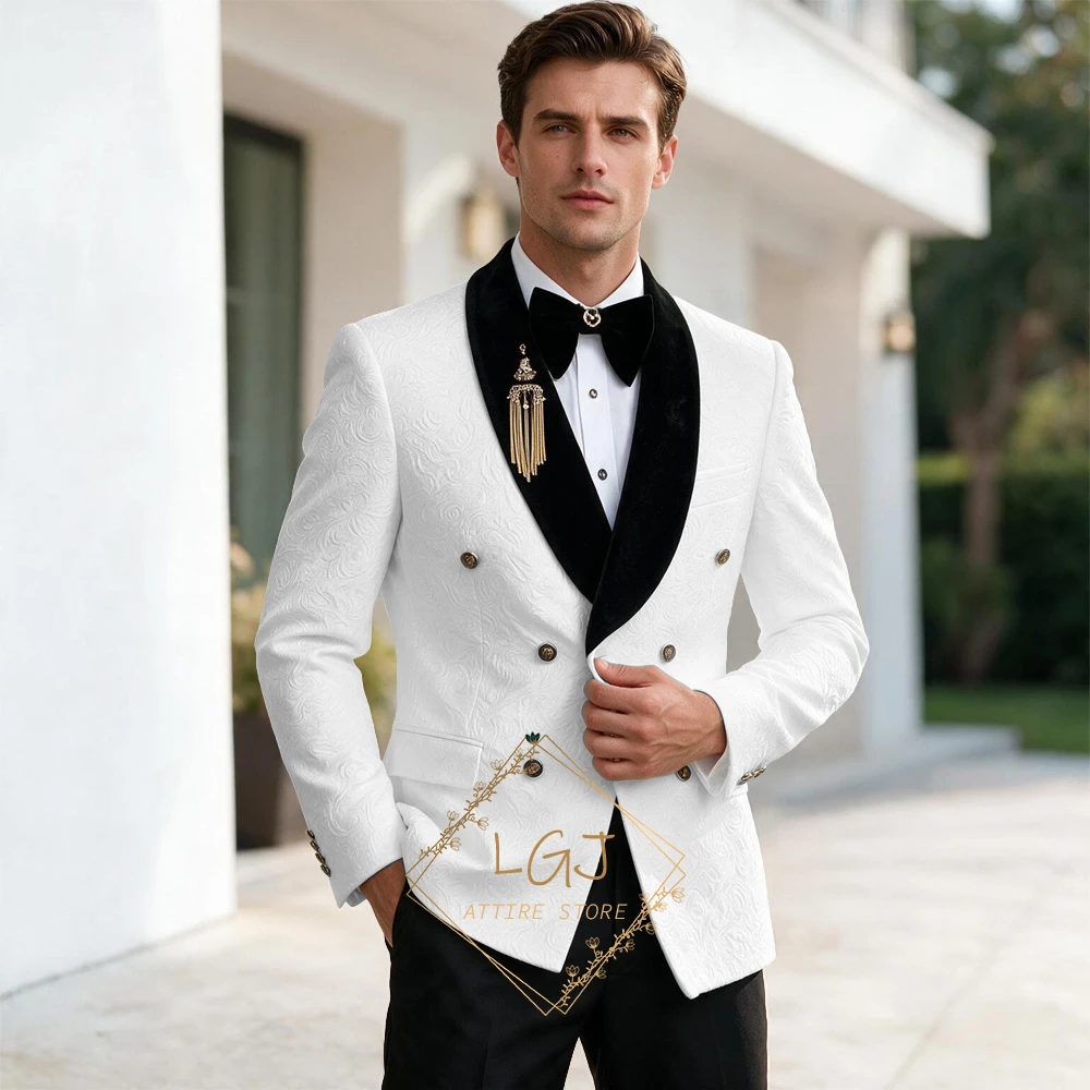 Luxury Men's 2 Piece Embossed Jacquard Dinner Jacket Set Contrast Velvet Lapel Groom Wedding Suit Trousers Formal Wear