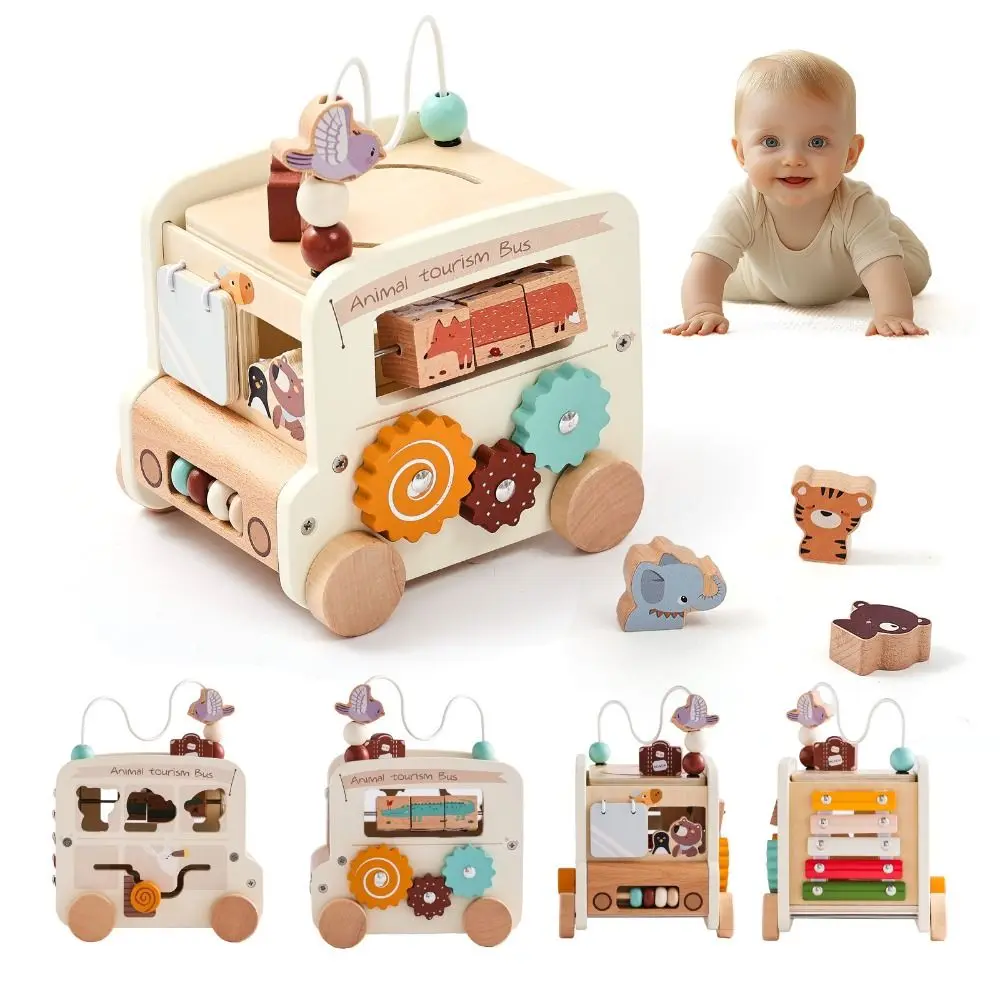 

Early Education Wooden Montessori Toys Shape Sorter with Sound Activity Bus Baby Toy Logical Thinking Portable