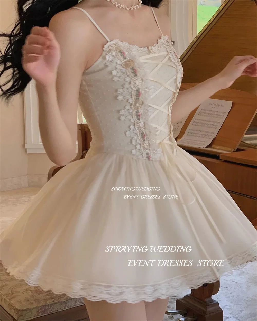 SPRAYING Sexy Lace Ribbon A-line Short Wedding Party Dresses Mini Strapless Evening Prom Dresses Spaghetti Straps Prom Gown