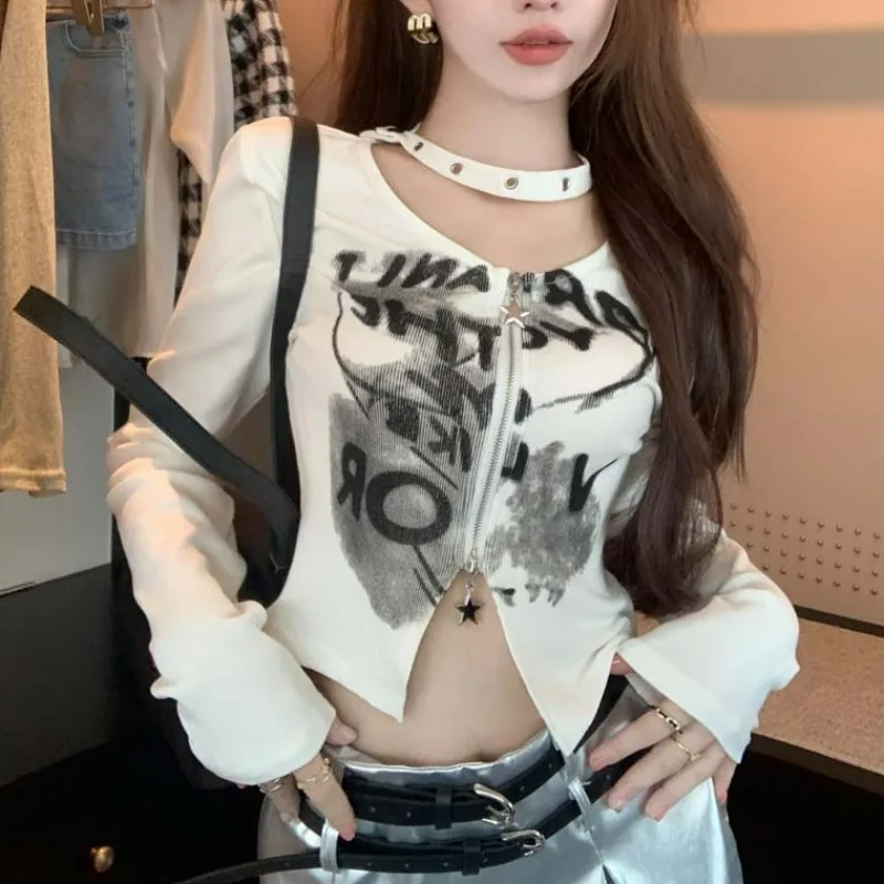 

Korean Fashion Streetwear Women Clothing Crop Top Halter V Neck Zipper Design Sense Camisetas Chic Print Letter Y2k T-shirts