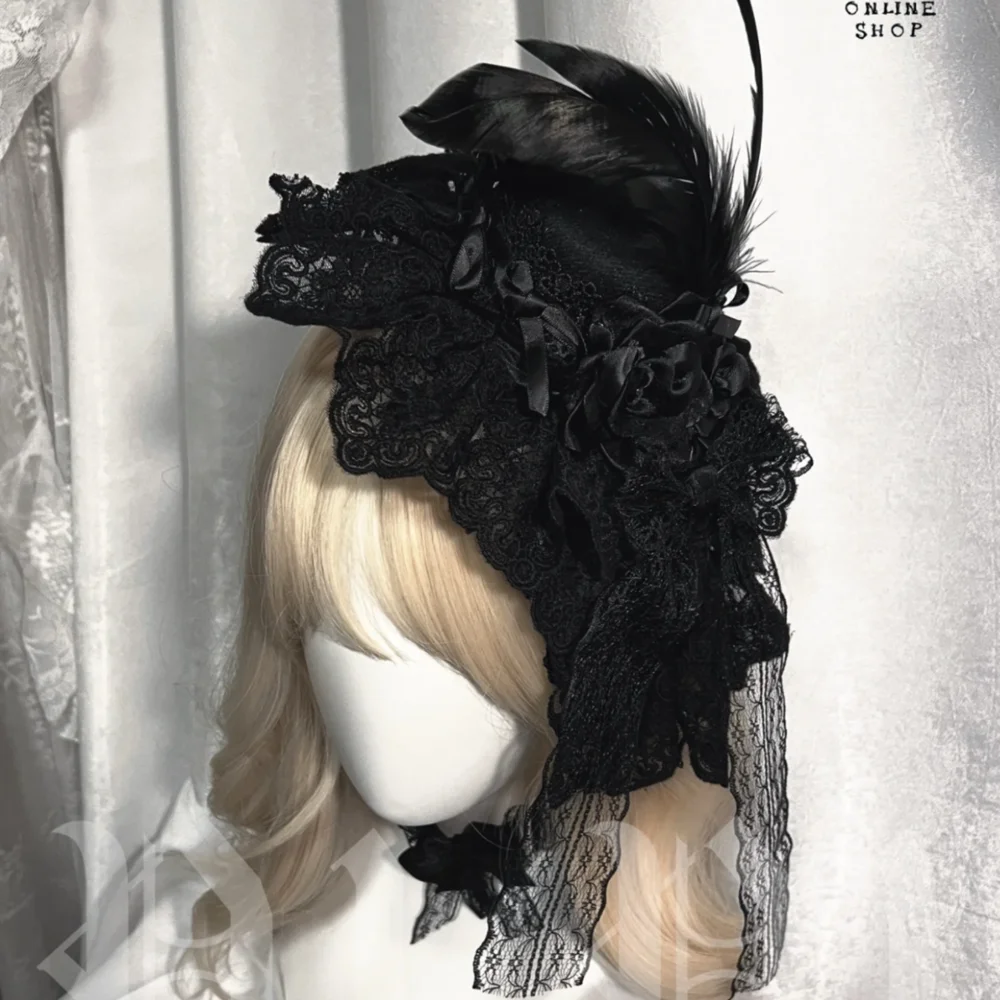 Original Dark Taro gótico Lolita encaje subcultura accesorios para el cabello horquilla tocado de plumas sombrero de copa pinza para el cabello