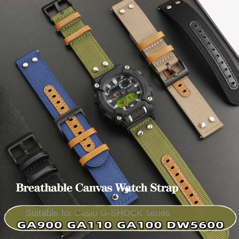 New Modified Nylon for Casio DW5600 DW-5600 GA-900 GA110/100/120 GM/GA2100 GA-2100 Sports Canvas Watch Belt with Nails Strap