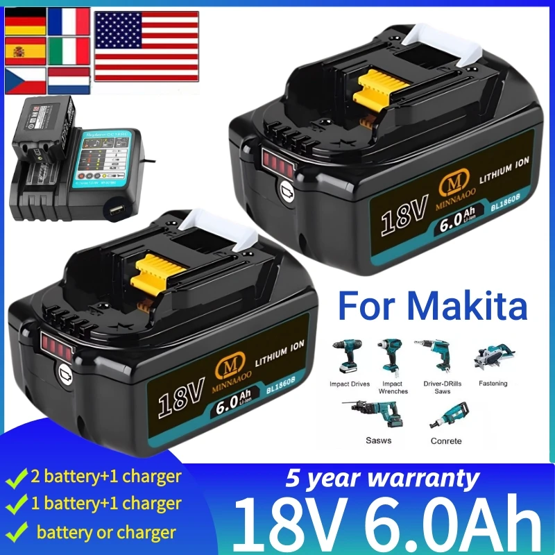 

100% оригинал для аккумулятора Makita 18 В 5,0-6,0 Ач, перезаряжаемая Замена электроинструмента BL1830BL1840BL1850BL1860B