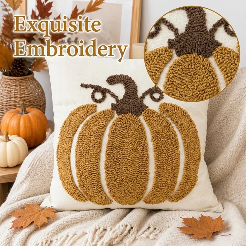3D Halloween Tuft Embroidery Pumpkin Cushion Cover Thanksgiving Fall Farmhouse 45cm Throw Pillow Case Sofa Bedroom Car Decor