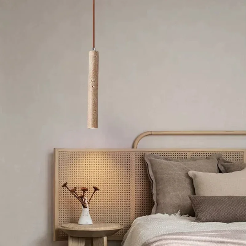 Led Pendant Lamp Long Tube Wood Ceiling Lamp Japan Style Quiet Wind Bedroom Bedside Chandelier Retro Modern travertine  lighting